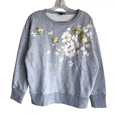 J. Crew Women's Sweatshirt Size M Gray Floral Embroidered Sweater Crew Neck • $29.49