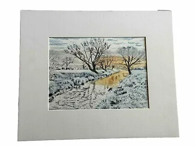 Mark Leary Art Watercolour Painting Sun Rising Over A Snowy Icy Leat • £25