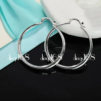 Women's Classic 925 Sterling Silver 1.5inch Medium Size Smooth Hoop Earrings H4R • $15.98