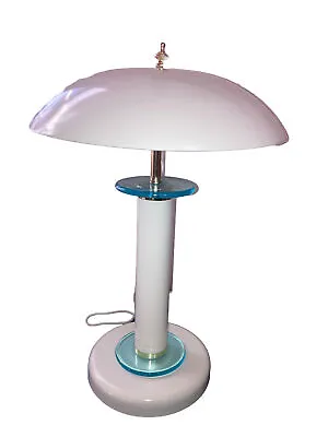 Vtg  MUSHROOM MCM TABLE LAMP WITH A DOME SHADE WHITE W/ TEAL ACCENT  20”H KK15 • $41