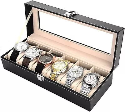 6 Slot Leather Watch Box Display Case Organizer Glass Jewelry Storage Black Men • $16.99
