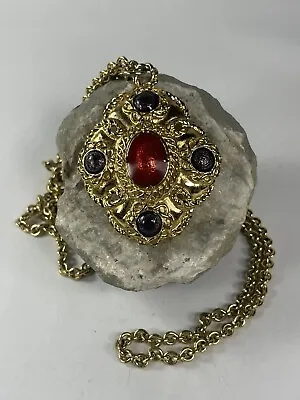 Gold Toned Etruscan Revival Style Vintage Necklace Red Purple Enamel 30” • $5.99