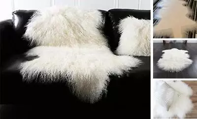 Genuine Tibetan Mongolian Sheepskin Fur Rug Hide Pelt Throw Rug Ivory White • $106.48