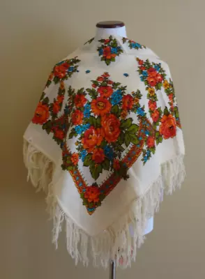 NEW Vintage Pavlovo Posad Cream Wool Multicolor Floral Fringed Shawl Wrap Scarf • $75