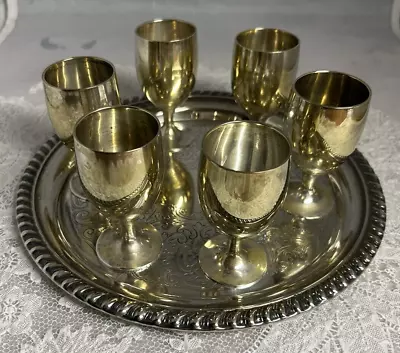 LEONARD SILVERPLATE EPNS Cordial Goblet 6 Cups 3  Tall & 1 Tray 8 1/4  Wide • $29.95