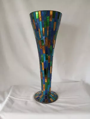 Blue Green And Gold Stained Glass Mosaic Vase 15.75  X 6  • $18.55