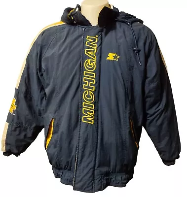 Vintage Starter Michigan Wolverines Winter Coat Full Zip W/Snap Hood Pocket Logo • $111.78