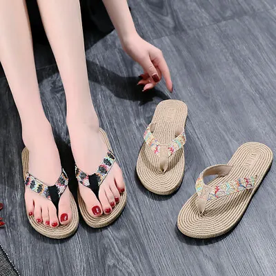 Women Summer Bamboo Sandals Comfort Thong Flip Flops Beach Casual Flats • $9.76