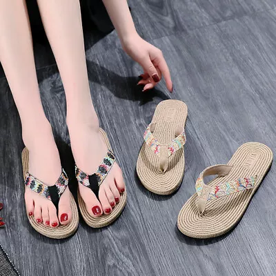 Women Summer Beach Casual Flats Bamboo Sandals Comfort Thong Flip Flops • $15.55