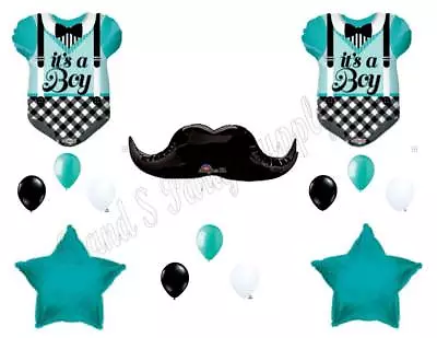 Aqua BABY BOY MUSTACHE BODYSUIT Shower Balloons Decoration Supplies • $16.75