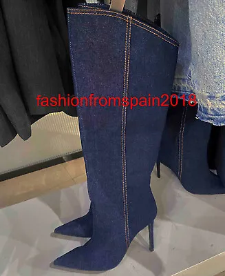 $114.99 • Buy Zara New Woman Knee High-heel Denim Boots Denim Blue 35-42 1024/210