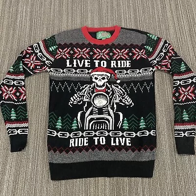 Ugly Christmas Sweater Live To Ride Mens Small Black Motorcycle Skull Holiday • $7.49