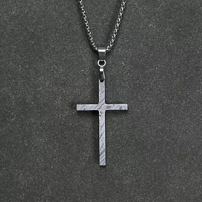 Natural  Muonionalusta Meteorite Carved Cross Pendant Necklace • $55.20