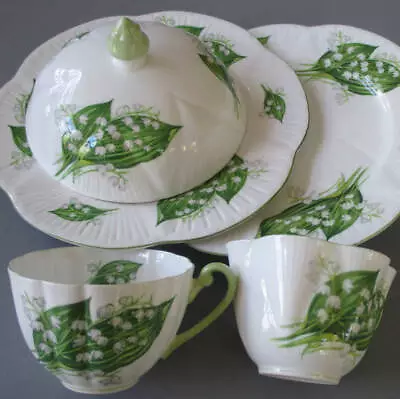 5 Pcs Vintage SHELLEY English China CUPS Butter DOME + Plates LILY Of The VALLEY • $34.99