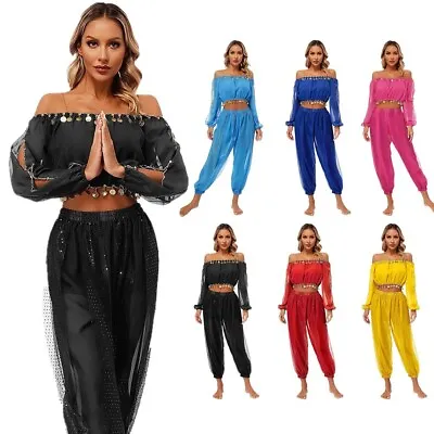 UK Women 2Piece Belly Dance Suit Bollywood Crop Top With Pants Outfits Dancewear • £27.69