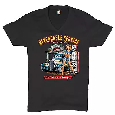 $21.56 • Buy Dependable Service V-Neck T-shirt Route 66 Hot Rod Full Service Garage Tee