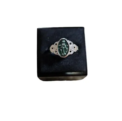 Size 8 Silver Toned Green Enamel Miraculous Medal Adjustable Ring • $10