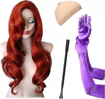 Zivyes Jessica Rabbit Costume Red Wig Purple Gloves Plastic Holder Fancy Dress • $23.95