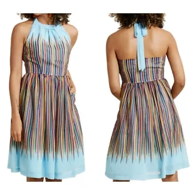 Modcloth Blue Rainbow Stripe Chiffon Halter Dress Pockets Knee Length Size S • $18.75