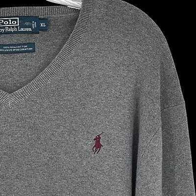 Polo Ralph Lauren Pima Cotton Sweater Men's XL Gray Pony V-Neck MSW104 • $16.17