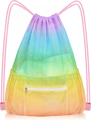 Mesh Drawstring Bag With Zipper Pocket Beach Bag For Swimming Gear Backpack Gym • $16.88