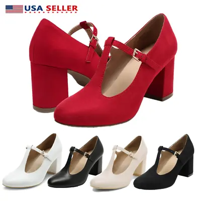 Women Mary Jane T-strap Pump Shoes Low Chunky Block Heel Wedding Dress Shoes • $27.99