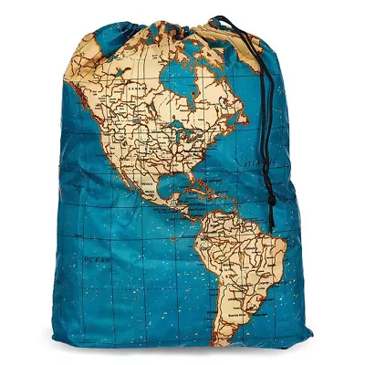 Kikkerland World Map Atlas Travel Laundry Bag Uni Clothes Wash Drawstring Basket • £5.97