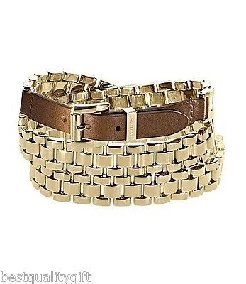 Michael Kors Gold Watch Link+brown Leather Mult-wrap Belt Style Bracelet-mkj1946 • $224.99