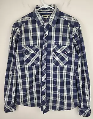 Levis Shirt Mens L Blue Plaid Long Sleeves Embroidered Western Pearl Snap Button • $12.59