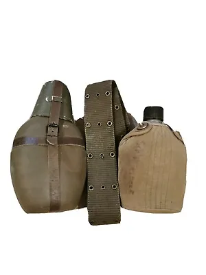 ARMY MILITARY FIELD WATER Canteen BOTTLE Lot Of 2 . Metal & Plastic Belt • $30.99