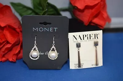 Napier And Monet 2 Pair Pierced Earrings Silver Tone Dangle pearl Rhinestone • $19.99