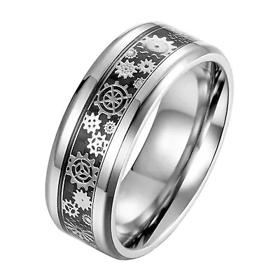 Mechanical Gear Ring Black Silver Stainless Steel Steampunk Wedding Band • $15.99