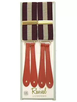 1940s Vintage Style Burgundy & Ecru Stripe Button Pants Suspenders Real Leather • $61.99