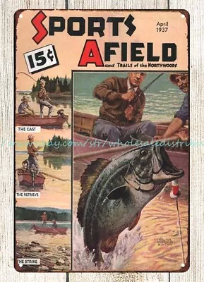 1937 Sports Afield Lake Trout Fishing Metal Tin Sign Outdoor Wall Hanging • $18.86