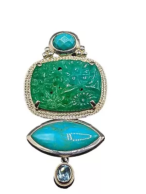 Amy Kahn Russell AKR Sterling 925 Green Flower Blue Turquoise Pendant Pin Brooch • $270.85