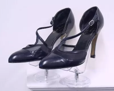 £75 • Buy Terry De Havilland Original 1970s Vintage Navy Blue Leather Mesh High Heel Shoes