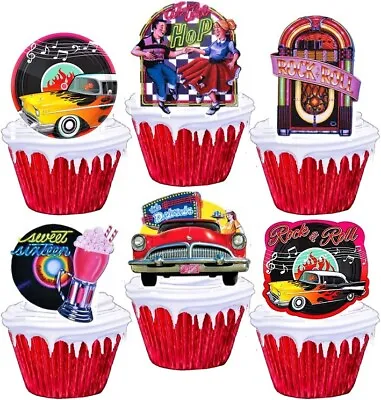 50's Rock & Roll Stand Up Cup Cake Toppers Edible Birthday Party Decorations • £2.38