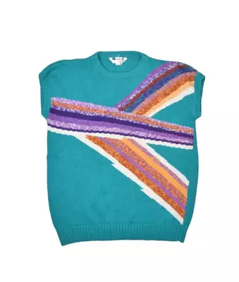 Vintage Melrose Sweater Vest Womens S Teal Crewneck Ramie Knit Teal Striped 90s • $24.94