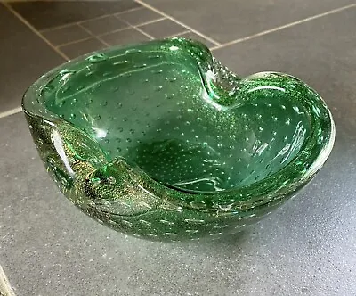 Vintage Mid-century Murano Green & Gold Glass Controlled Bubble Ashtray/Bowl • $45