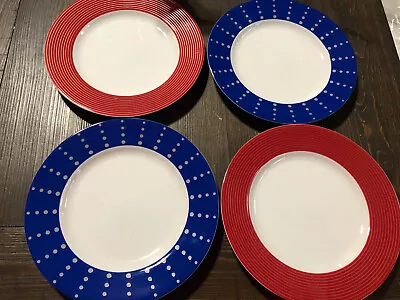 Set Of 4 Accent Salad Plates SUPERB! Mikasa Cheers Blue And Red Dots Stripes • $42.25