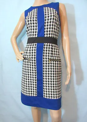 ECI NEW YORK Size 8 Black Beige & Blue Houndstooth Sleeveless Fit & Flare Dress • $13