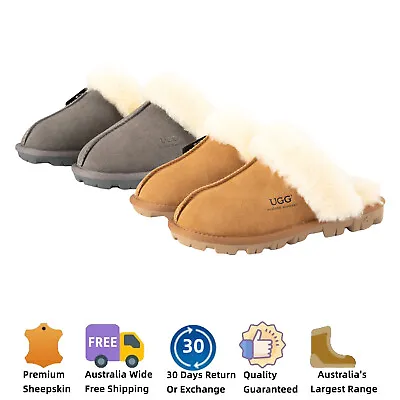 UGG Premium Ladies Scuff Womens Sheepskin Wool Non-slip Slippers Grey Chestnut • $50