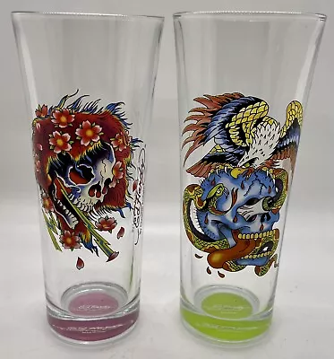 Ed Hardy Tattoo Print 6  Tall 14 Oz Set Of 2 Drink Glasses Unique Glassware • $19.59