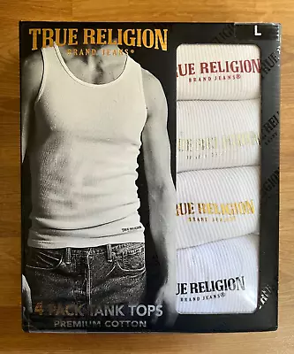 TRUE RELIGION Men's 4 Pack Ribbed Tank Tops White With Logo Large  NEW IN BOX • $18.49