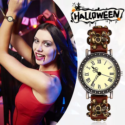 Steampunk Men Women Skull Leather Band Round Quartz Wrist Watch Halloween Gift • $13.29