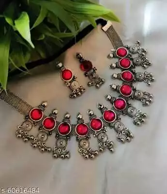 Bollywood Style Silver Oxidized Indian Kundan Jewelry Set • $19.63