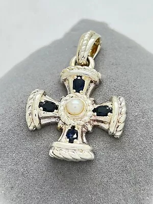 Judith Ripka Sterling Silver Sapphire Pearl Maltese Cross Pendant 1.75” 15.6g • $99.99