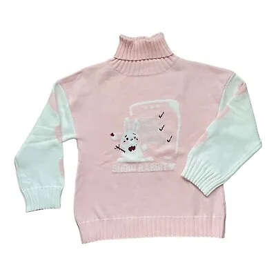 Turtleneck Sweater Pink & White  Snow Rabbit  Snowman & Hearts On Sleeves Sz S • $19.76