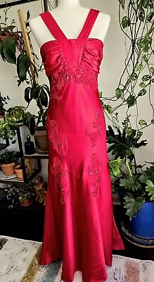 Vintage 90s Y2K  Beaded Sequin Red Satin Mermaid Gown Dress Size 7/8 • $42