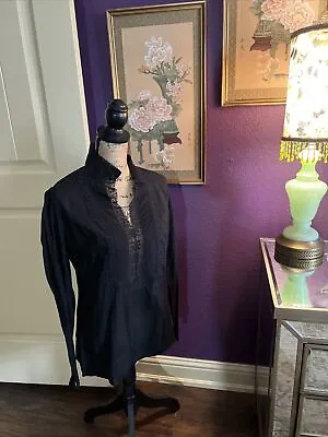 Edwardian Black Lace Blouse Long Sleeve Cotton High Neck M 40” 25” • £17.52